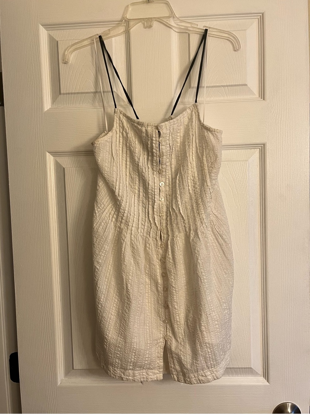 Free People Off White Button Down Seersucker Mini Dress with Black Straps